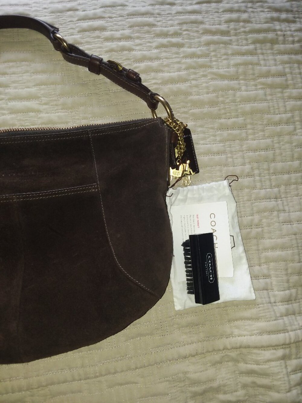 COACH Y2K BROWN SUEDE PURSE WITH CHARMS AND SUEDE CARE KIT